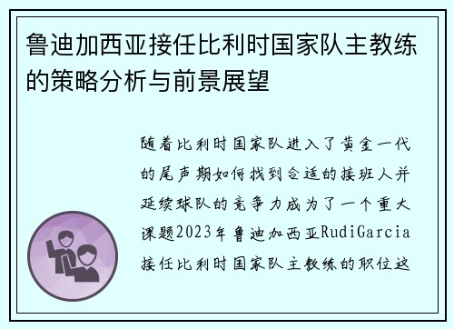 鲁迪加西亚接任比利时国家队主教练的策略分析与前景展望