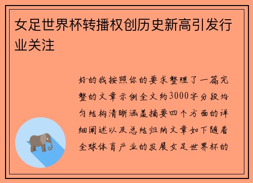 女足世界杯转播权创历史新高引发行业关注