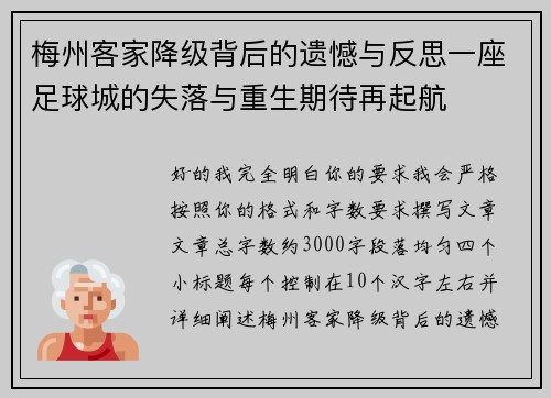 梅州客家降级背后的遗憾与反思一座足球城的失落与重生期待再起航